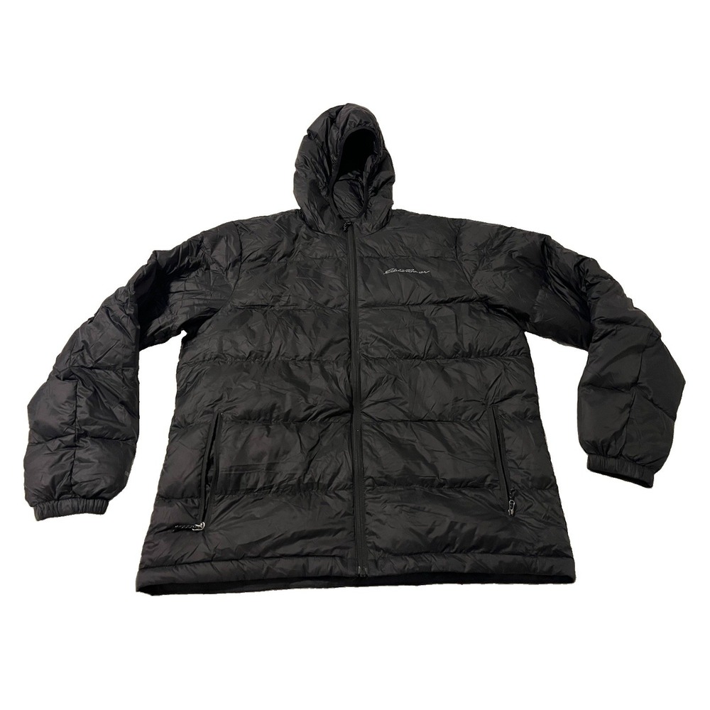 Eddie Bauer Jacket Mens L Black EB650 Down Puffer Hooded Full Zip Coat Outdoor